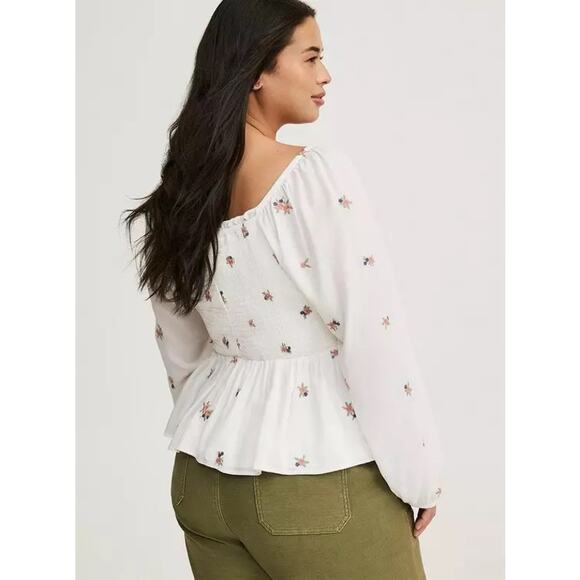 Torrid Floral Embroidered Smocked Crop Top Size Large Long Sleeve Peplum Blouse - Picture 3 of 12